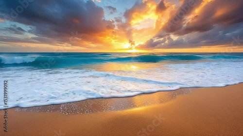 Golden sunset ocean waves beach scene