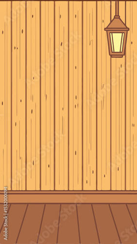 Cartoon wooden wall and floor background with hanging lamp for various design projects