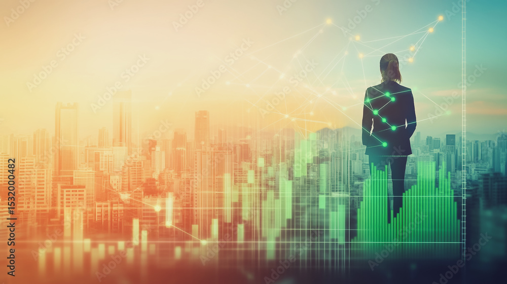 business woman stands on the peak of success amid tall, innovative Smart city and graphs with statistics to analyze business potential and predict future developments in company growth., innovative business woman stands on the peak of success amid tall, innovative Smart city and graphs with statistics to analyze business potential and predict future developments in company growth., innovative