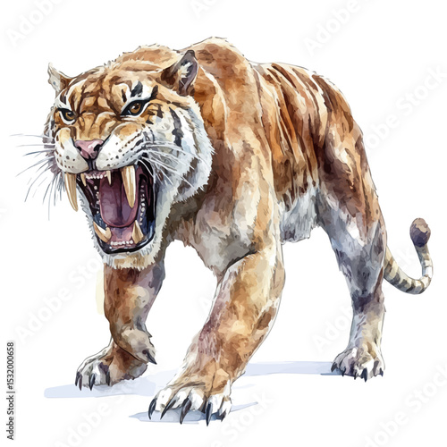 Smilodon Saber-toothed Tiger, watercolor vector, isolated on a white background.