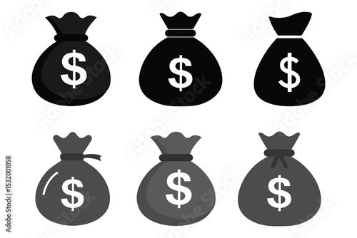 Set of money bag icons with dollar sign, black and gray color, financial concept symbol in flat vector style.
