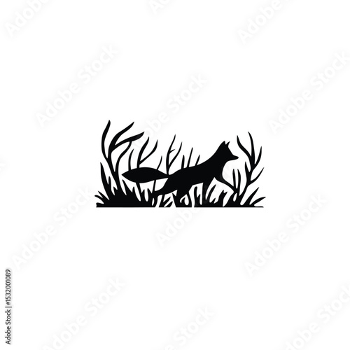 fox stalking through underbrush silhouette on white background