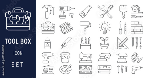 Comprehensive Tool Box Icon Set  High-Quality Line Art Graphics for DIY, Home Repair, and Construction Projects