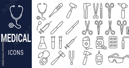 Collection of Medical Icons Stethoscope, Syringe, Scalpel, and More