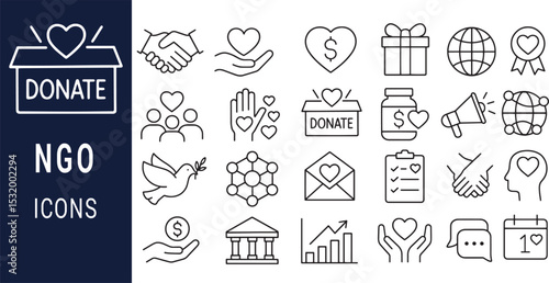 NGO Icons Donation, Charity, Volunteer, Giving, Nonprofit Symbols