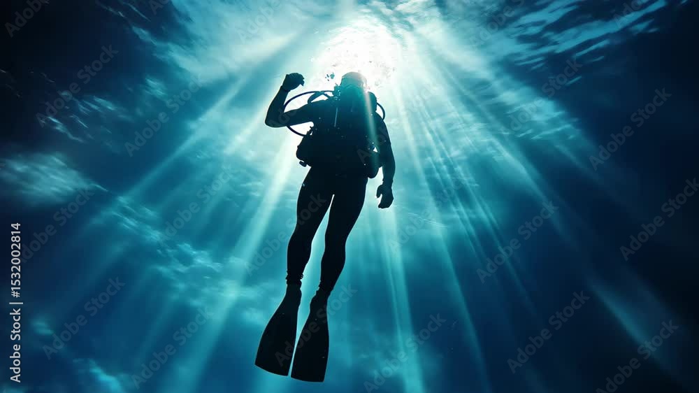 Male diver descends into vibrant blue waters exploring the seabed at midday, male diver going down to seabed, scuba dive in blue ocean water