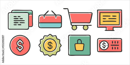 Hand drawn online shopping and e commerce icons