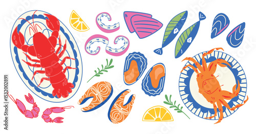Seafood cartoon illustration set. Crab, lobster, fish, octopus. Mediterranean food.