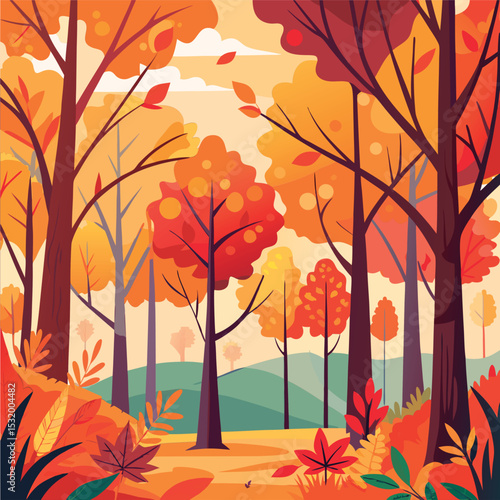 Autumn Forest Scene: Colorful Trees and Leaves.