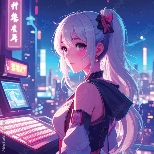 Anime girl in cyberpunk city with neon lights and glowing keyboard scene