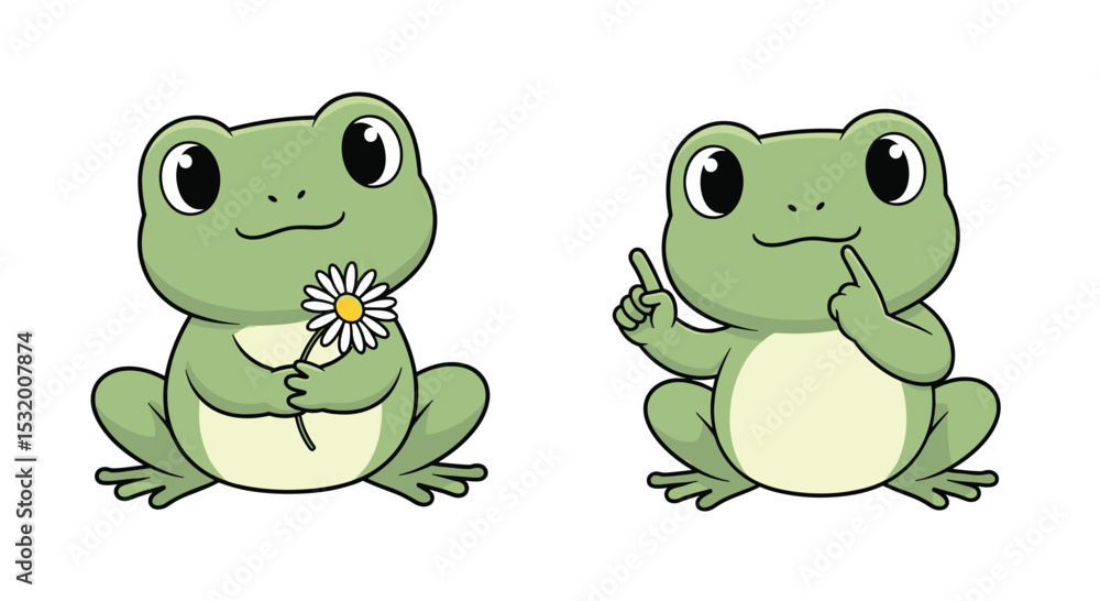 Fototapeta premium Adorable Frog Illustrations Featuring Charming Green Frogs With a Range of Emotions and Styles