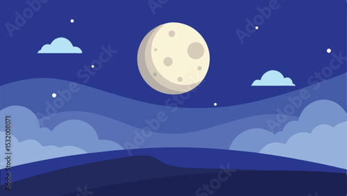 Flat vector illustration of a night landscape with moon clouds and stars