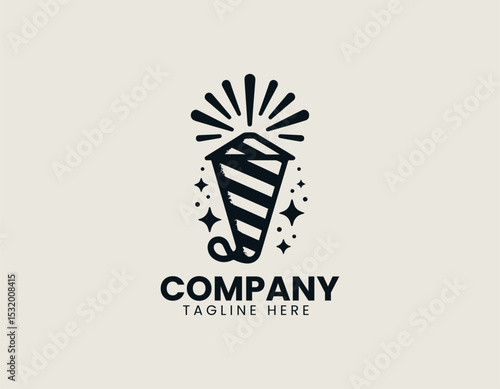 Festive Party Popper Dynamic Streaks Celebration Joyful Vector Logo Design