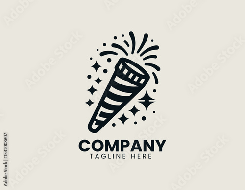 Festive Party Popper Dynamic Streaks Celebration Joyful Vector Logo Design