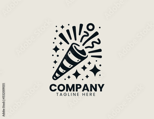 Festive Party Popper Dynamic Streaks Celebration Joyful Vector Logo Design