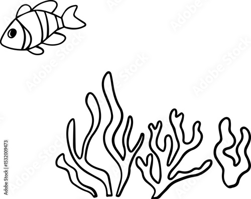 Black and white vector illustration of a fish with seaweeds for coloring book. Isolated outline on white background. Perfect for kids’ coloring pages, educational materials, printable worksheets, or d