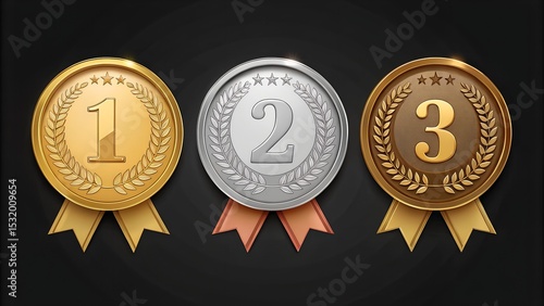  Gold, silver and bronze metal circle frames 3d vector realistic illustration. First, second and third place medals or buttons isolated on black background. Certified. Quality blank, empty badge set.