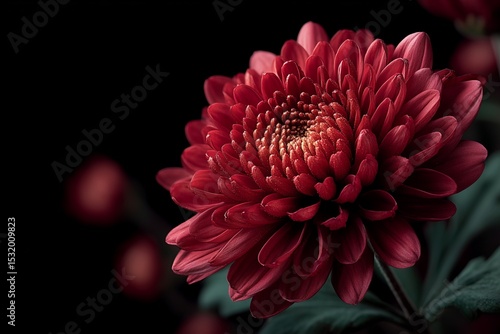 Dark red chrysanthemum on a moody black blurred background, Halloween floral aesthetic, spooky yet elegant seasonal concept