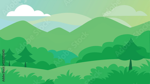 Green landscape with mountains trees and clouds artistic illustration for design projects
