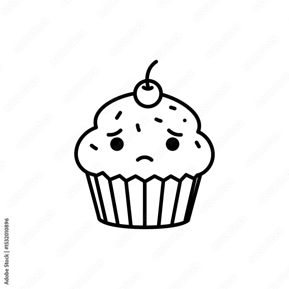 Black Line Icon of Shy Cupcake Character Black Line Icon of Shy Cupcake Character
