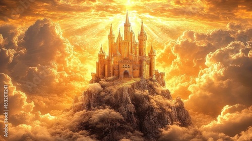 A magnificent medieval castle stands tall on a rocky mountain top, with clouds swirling around its towers and a golden sunset as a backdrop.