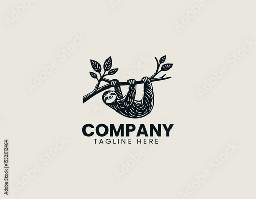 Relaxed Sloth Hanging Lazily Tree Branch Peaceful Nature Vector Logo Design