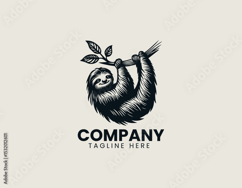 Relaxed Sloth Hanging Lazily Tree Branch Peaceful Nature Vector Logo Design