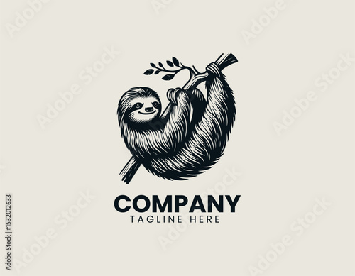 Relaxed Sloth Hanging Lazily Tree Branch Peaceful Nature Vector Logo Design