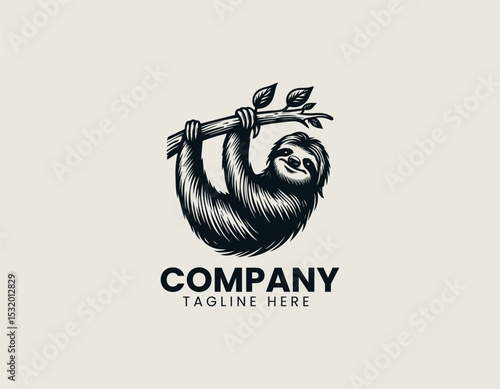 Relaxed Sloth Hanging Lazily Tree Branch Peaceful Nature Vector Logo Design