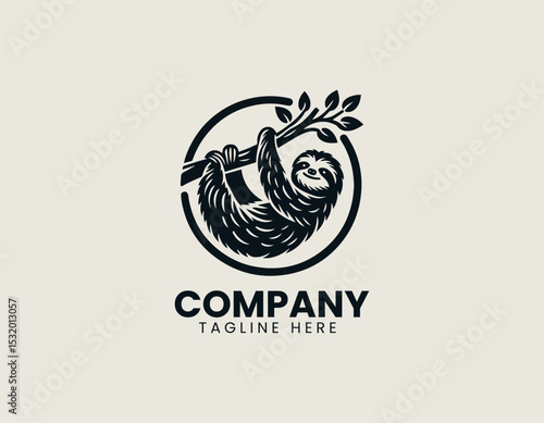 Relaxed Sloth Hanging Lazily Tree Branch Peaceful Nature Vector Logo Design