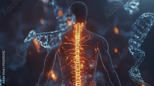 Glowing Spine and DNA Strands: Human Anatomy and Genetic Code Visualization