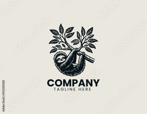 Relaxed Sloth Hanging Lazily Tree Branch Peaceful Nature Vector Logo Design