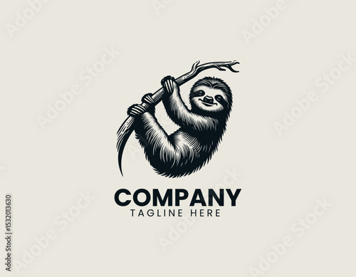 Relaxed Sloth Hanging Lazily Tree Branch Peaceful Nature Vector Logo Design