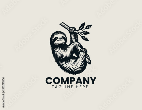 Relaxed Sloth Hanging Lazily Tree Branch Peaceful Nature Vector Logo Design