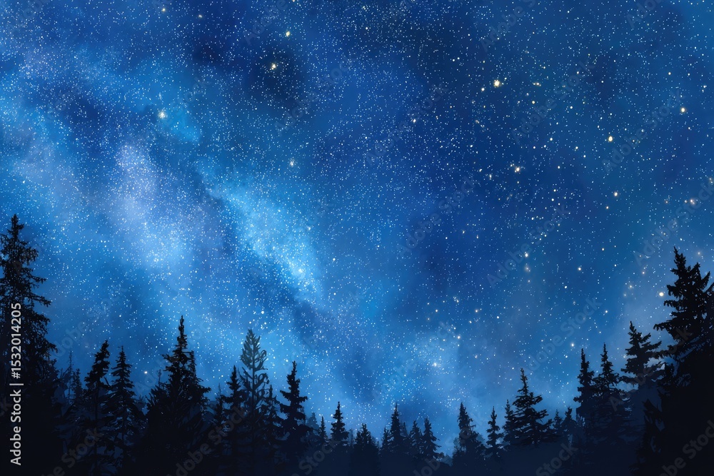 Fototapeta premium Dark forest silhouettes under a vibrant night sky