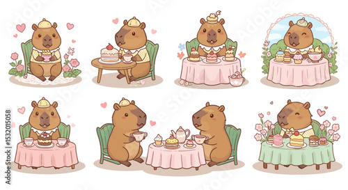 Capybara tea party set with cute animals, and pastel.