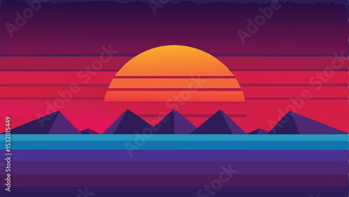 Retro sunset landscape design featuring mountains and colorful horizontal lines