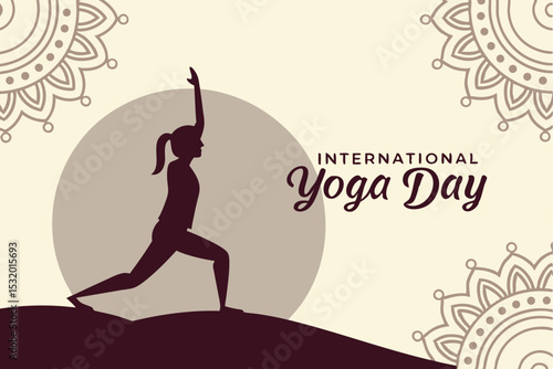 Lotus pose silhouette inside a mandala circle with ‘International Yoga Day’ below in clean script.