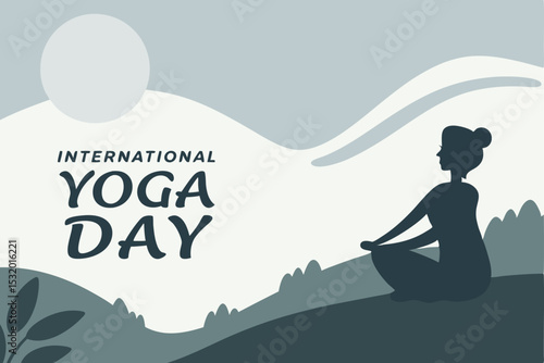 Peaceful mountain landscape with a yoga figure meditating and ‘International Yoga Day’ written in calm font.