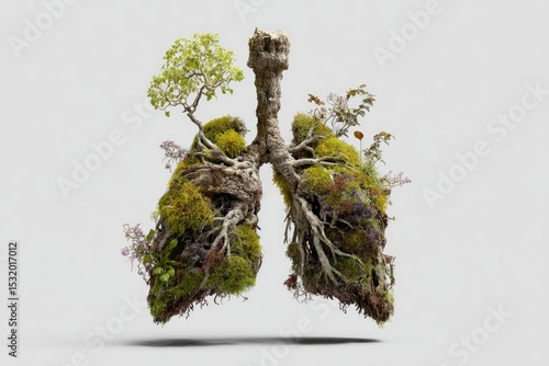 Lungs adorned with a dense, diverse ecosystem of trees, moss, and small plants