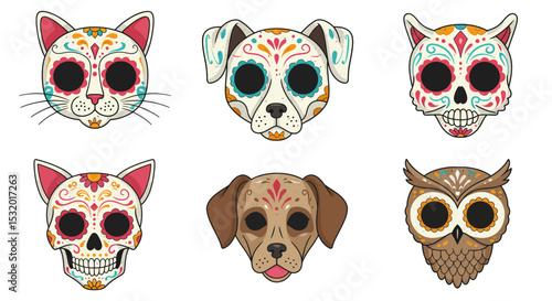 Dia de los Muertos Animals cat with dog, and owl.