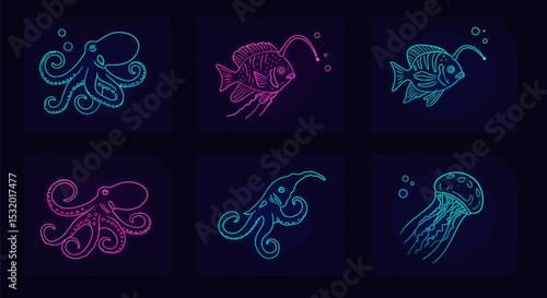 Neon Sea Life Octopus with Fish, and Jellyfish Set.