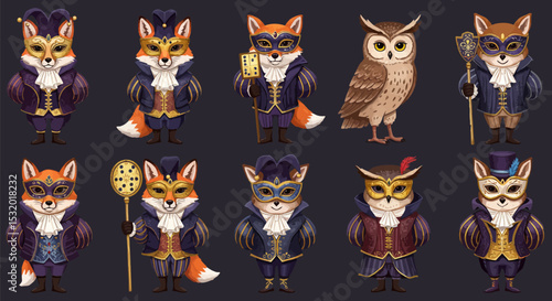 Animals Masquerade Cartoon Fox with Owl in Carnival Masks.