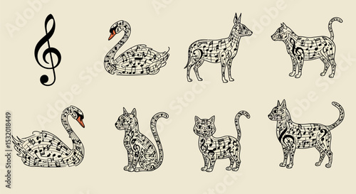 Music Animals Melody Swan with Dog, and Cat and Clef.