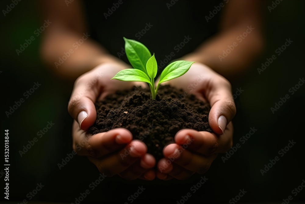 Hands Holding Green Plant Sprouting from Soil Hands Holding Green Plant Sprouting from Soil