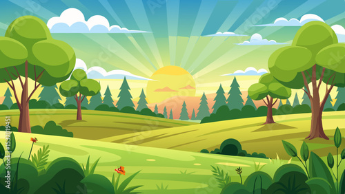 sunrise landscape in cartoon forest with trees and green hills