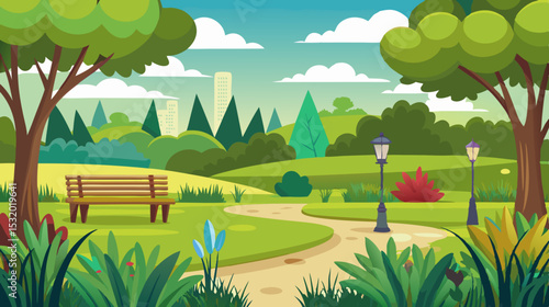 cartoon nature park landscape with trees, walking path and bench