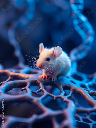 Lab white mouse sits on neural pathway model. Dna sequencing
