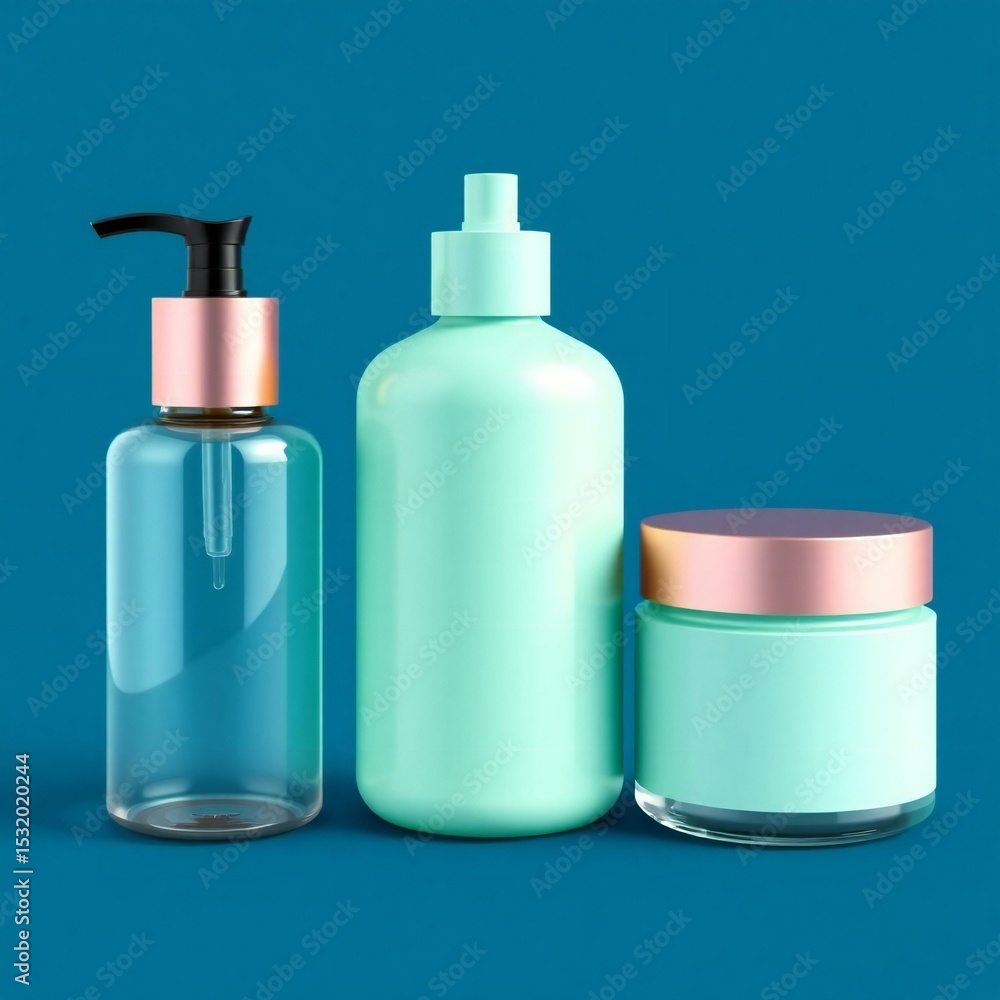 Mint green and rose gold cosmetic bottles on blue background Mint green and rose gold cosmetic bottles on blue background