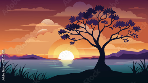 Sunset Landscape with Tree and Ocean View